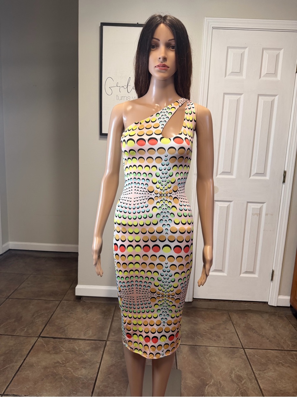 Asymmetric One-Shoulder Midi Dress in Multi-Color Dot Print